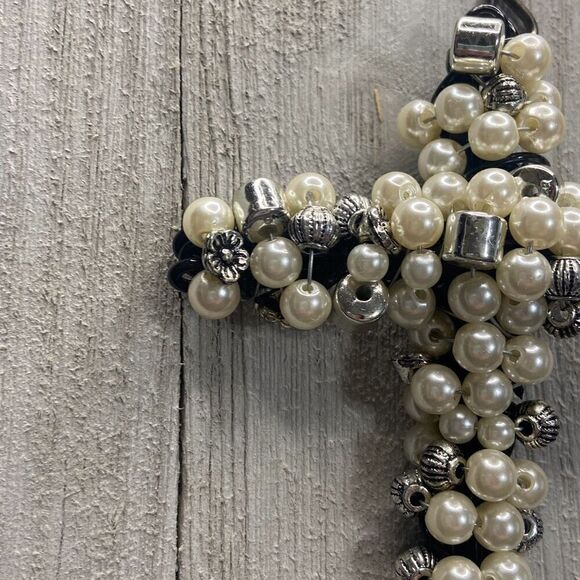 Handmade Unique Black Silver Pearl Beaded Wired Cross Christian Religious Cross - Picture 3 of 10